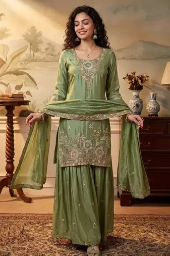 green color tissue silk blend readymade salwar suit 