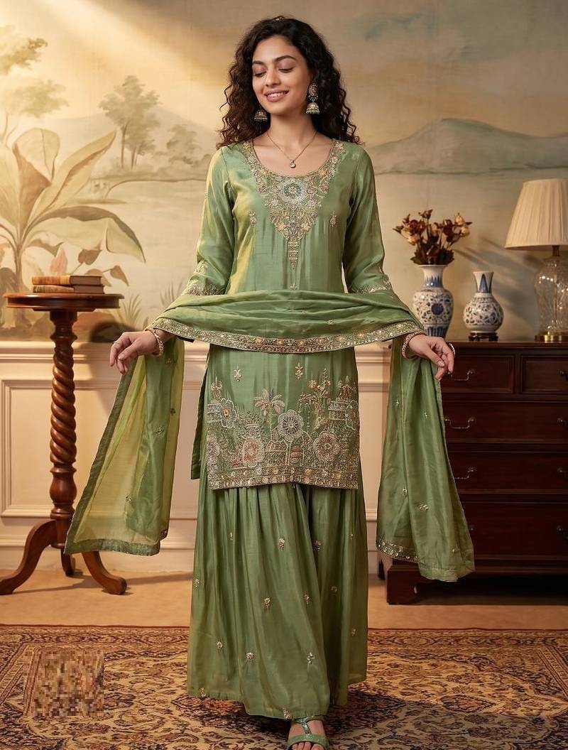 green color tissue silk blend readymade salwar suit 