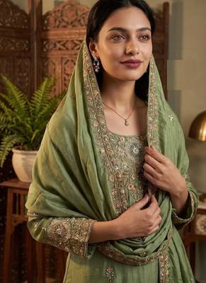 green color tissue silk blend readymade salwar suit  2