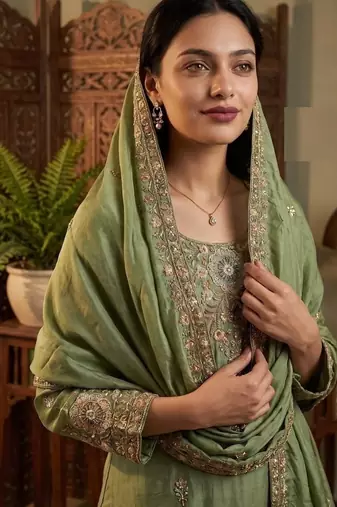 green color tissue silk blend readymade salwar suit 
