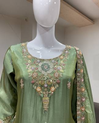 green color tissue silk blend readymade salwar suit  3