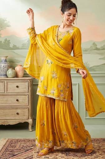 mustard color natural crape readymade salwar suit 