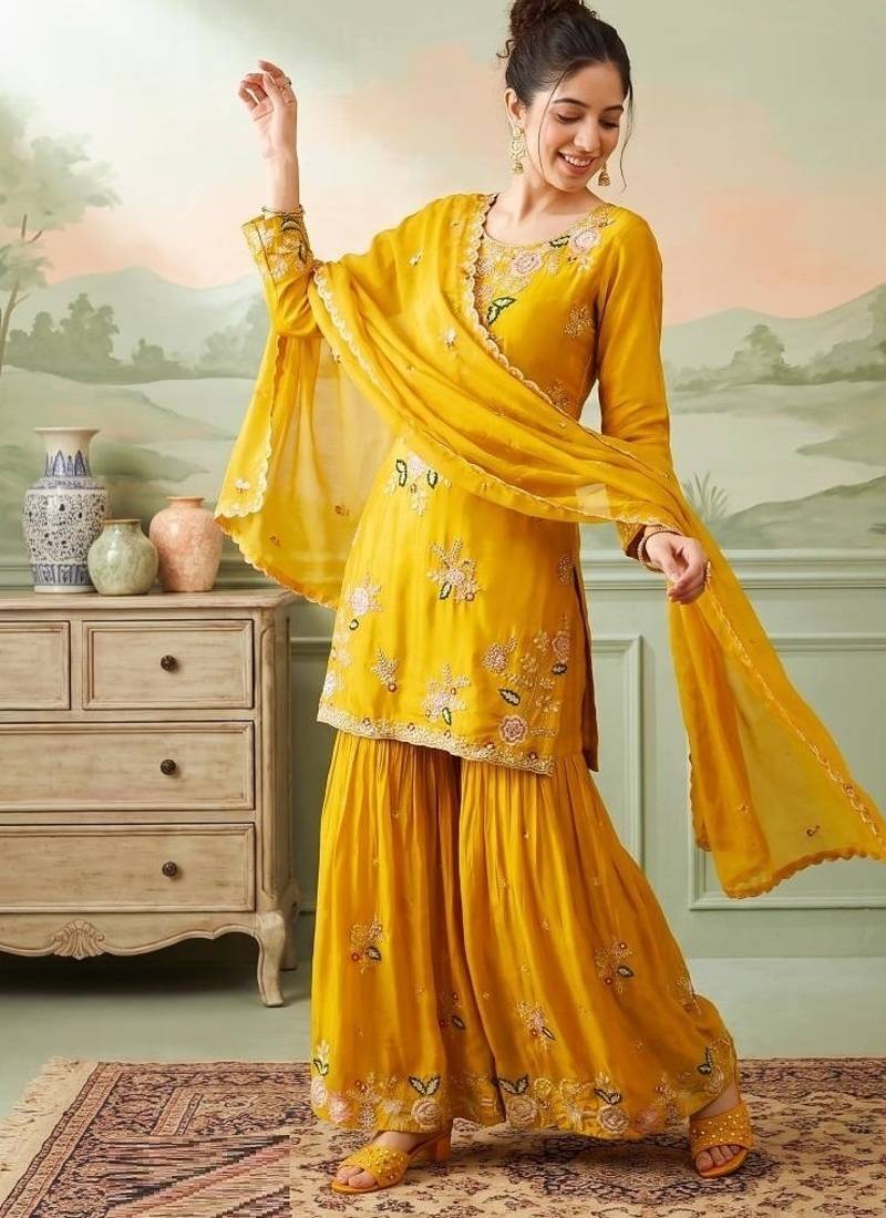 mustard color natural crape readymade salwar suit 