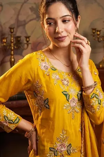 mustard color natural crape readymade salwar suit 