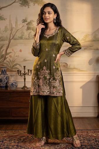 mehendi color tissue silk blend blend readymade salwar suit 