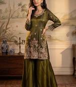 mehendi color tissue silk blend readymade salwar suit 