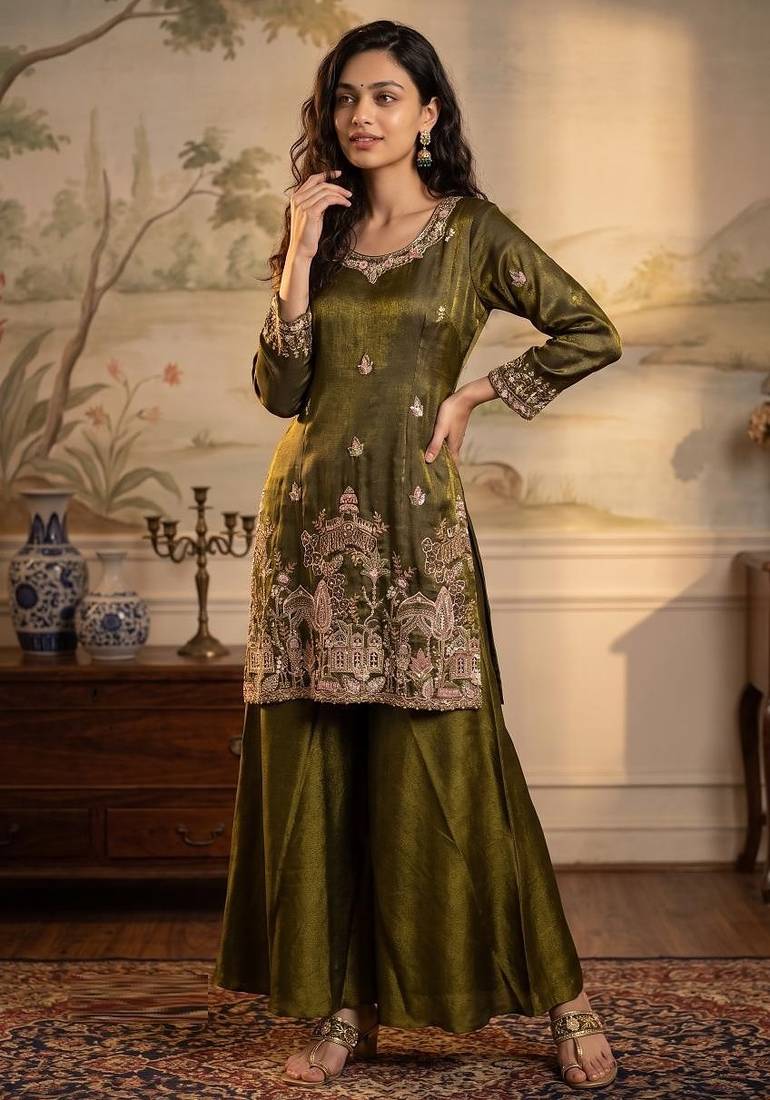 mehendi color tissue silk blend readymade salwar suit 