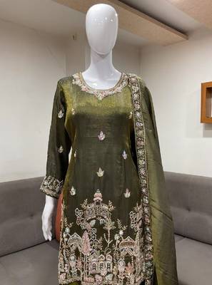 mehendi color tissue silk blend readymade salwar suit  3