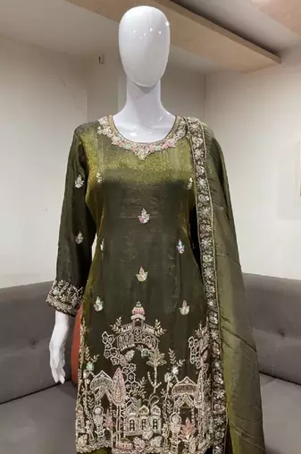 mehendi color tissue silk blend readymade salwar suit 