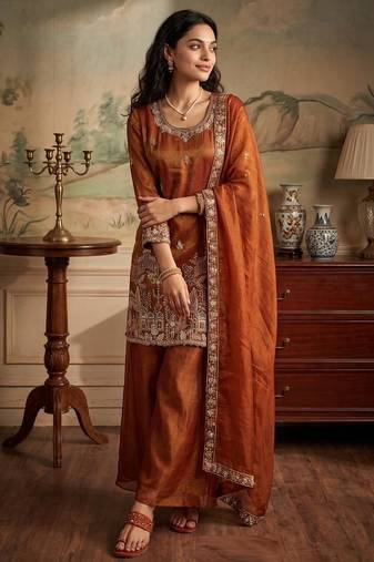orange color tissue silk blend blend readymade salwar suit 