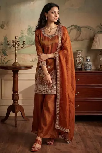 orange color tissue silk blend readymade salwar suit 