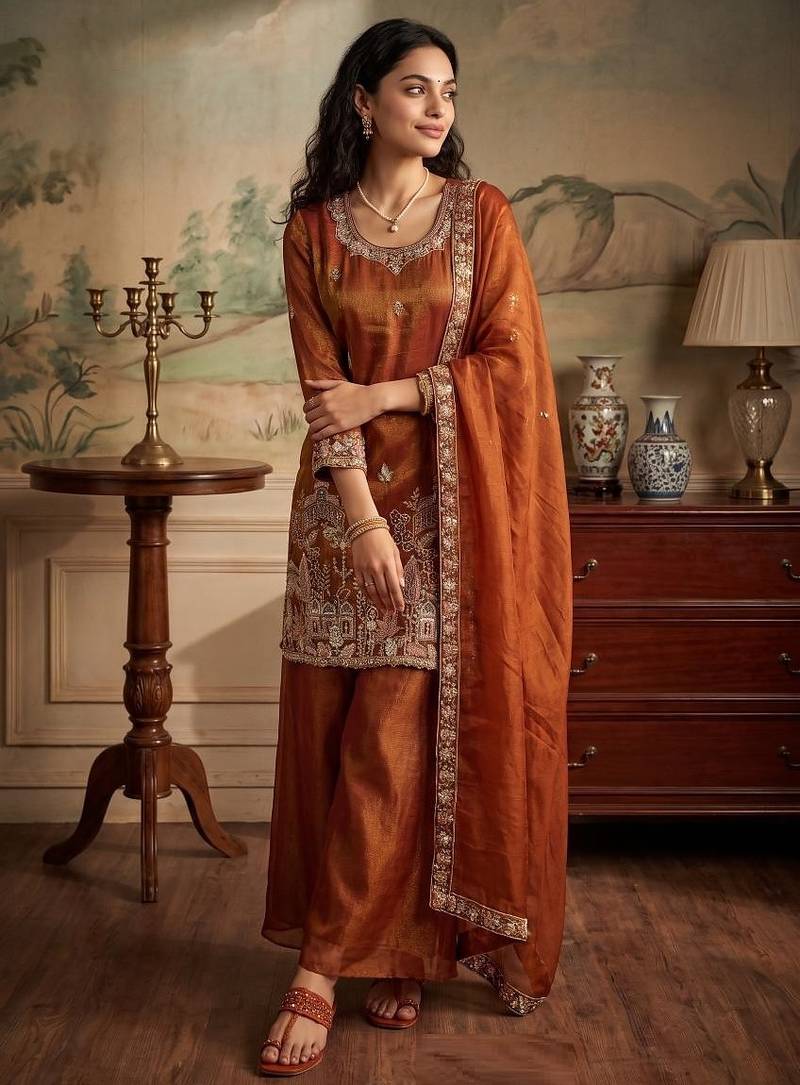 orange color tissue silk blend readymade salwar suit 