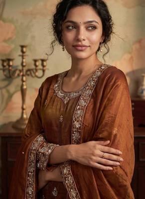 orange color tissue silk blend readymade salwar suit  2