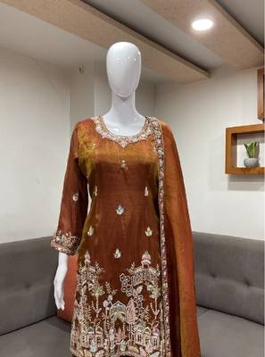 orange color tissue silk blend readymade salwar suit  3