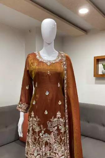 orange color tissue silk blend readymade salwar suit 