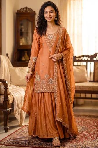 rust color tissue silk blend readymade salwar suit 