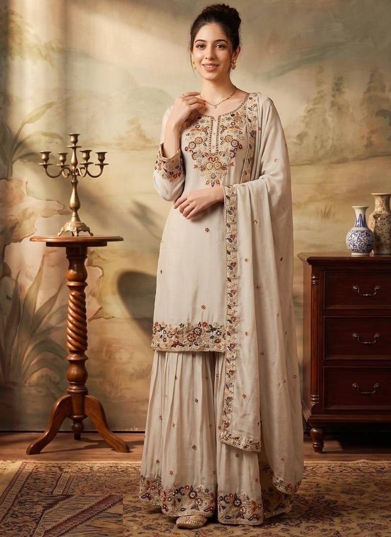 off-white color chinon readymade salwar suit 