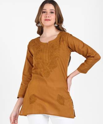 Women brown ethnic motifs embroidered chikankari liva rayon short kurtis 1