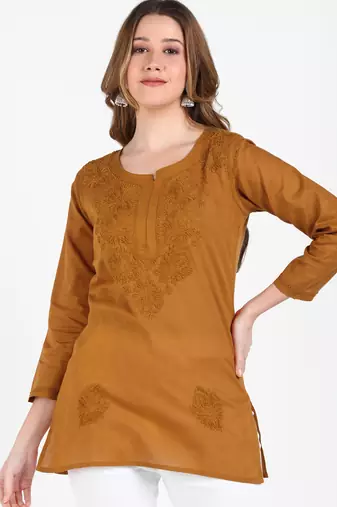 Women brown ethnic motifs embroidered chikankari liva rayon short kurtis