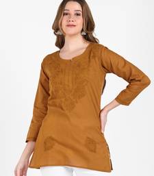 Women brown ethnic motifs embroidered chikankari liva rayon short kurtis