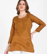 Women brown ethnic motifs embroidered chikankari liva rayon short kurtis