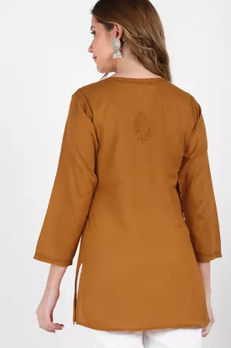 Women brown ethnic motifs embroidered chikankari liva rayon short kurtis