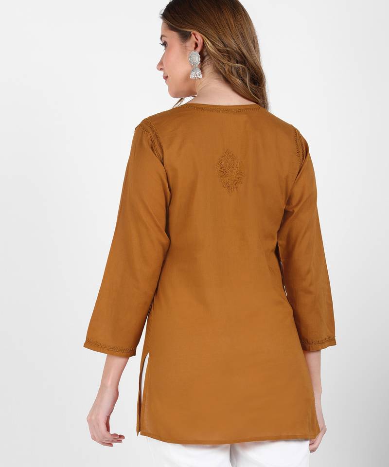 Women brown ethnic motifs embroidered chikankari liva rayon short kurtis