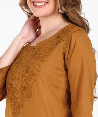 Women brown ethnic motifs embroidered chikankari liva rayon short kurtis 3