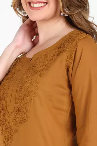 Women brown ethnic motifs embroidered chikankari liva rayon short kurtis