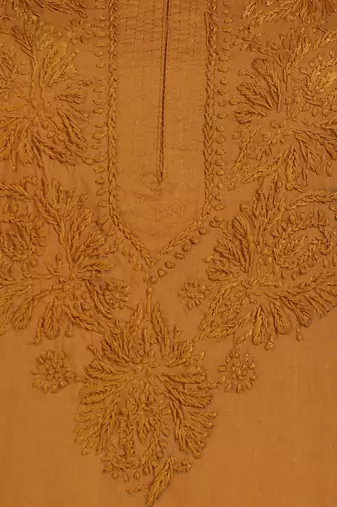 Women brown ethnic motifs embroidered chikankari liva rayon short kurtis
