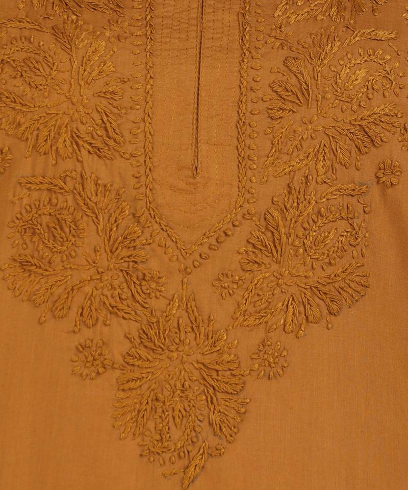 Women brown ethnic motifs embroidered chikankari liva rayon short kurtis