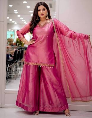 Fandy silk blend embroidered kurta palazzo set with dupatta 1