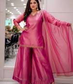 Fandy silk blend embroidered kurta palazzo set with dupatta