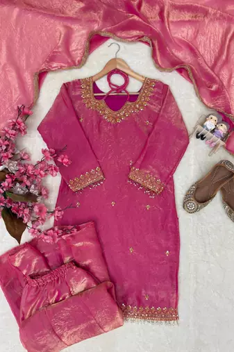 Fandy silk blend embroidered kurta palazzo set with dupatta