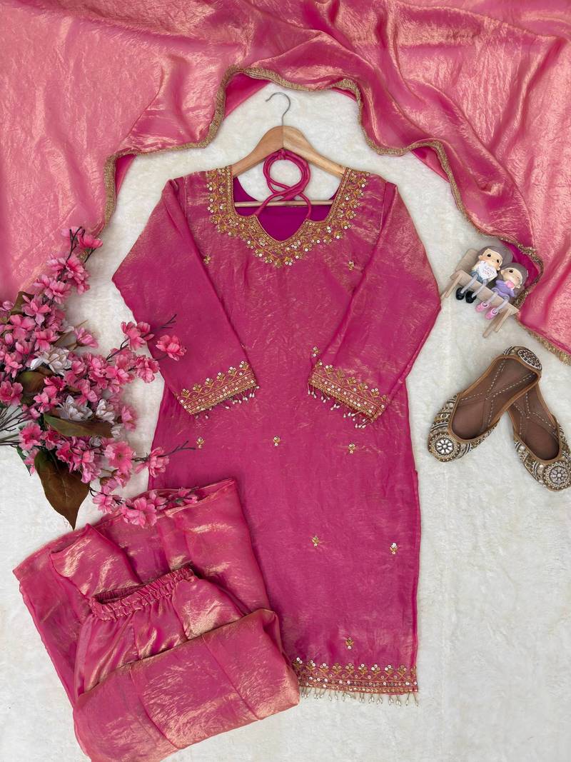 Fandy silk blend embroidered kurta palazzo set with dupatta