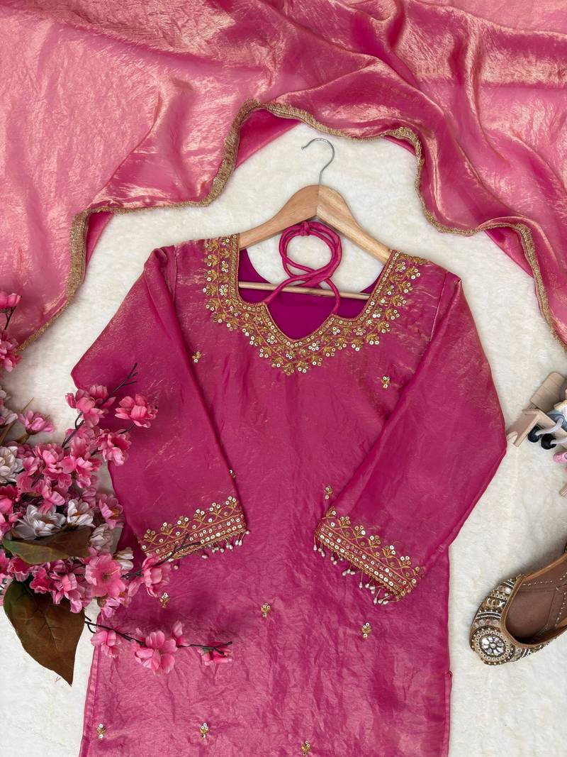 Fandy silk blend embroidered kurta palazzo set with dupatta