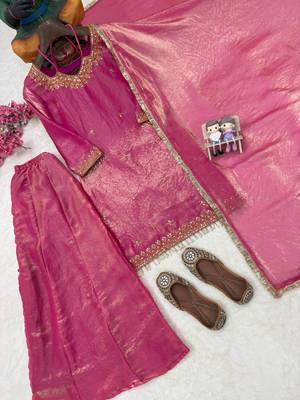 Fandy silk blend embroidered kurta palazzo set with dupatta 4
