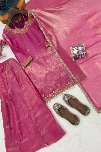 Fandy silk blend embroidered kurta palazzo set with dupatta