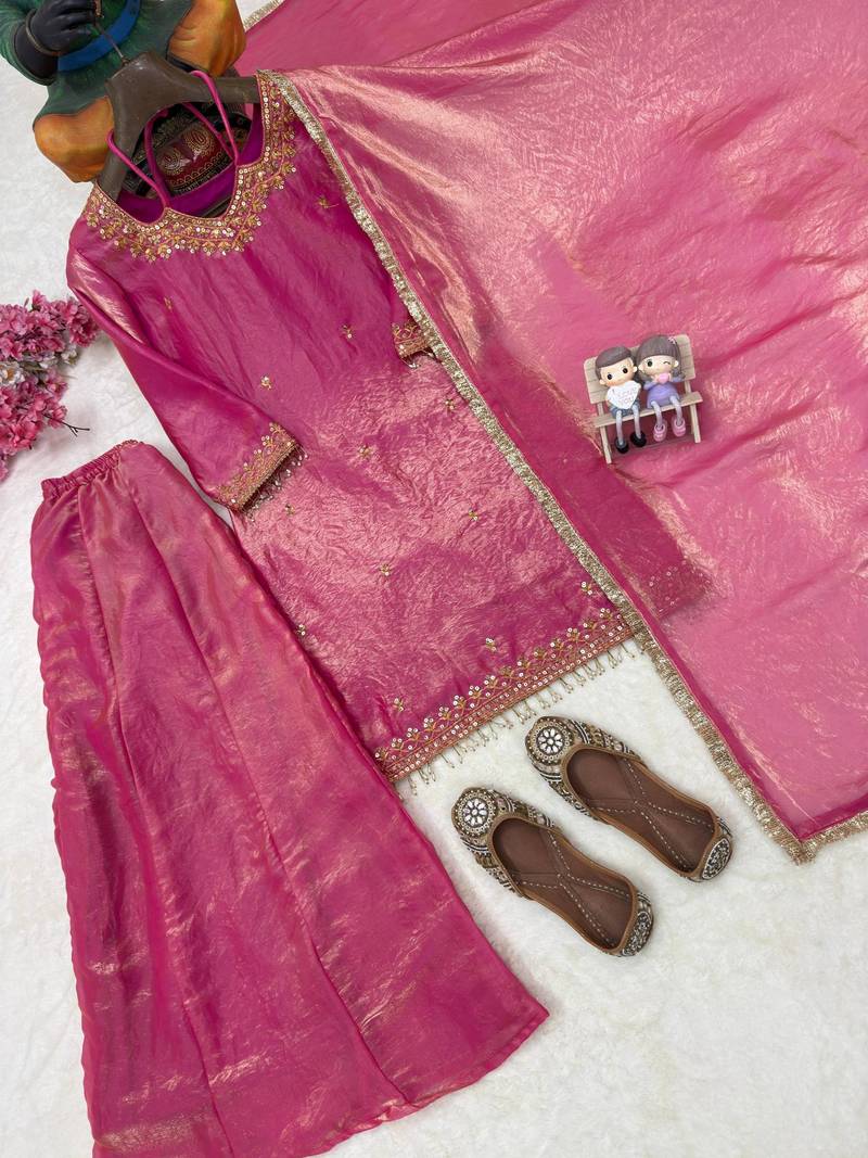 Fandy silk blend embroidered kurta palazzo set with dupatta