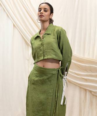 Green linen cropped jacket top 1