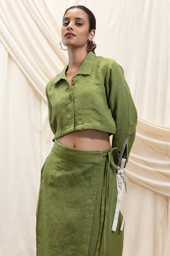 Green linen cropped jacket top