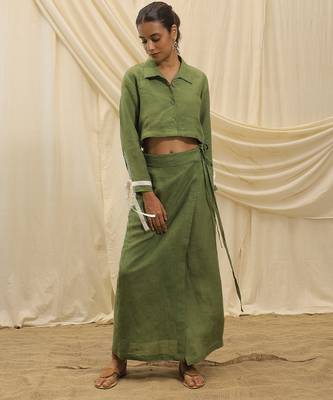 Green linen cropped jacket top 2
