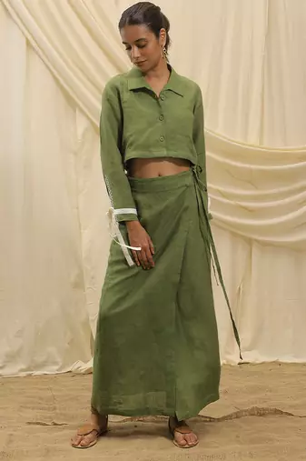 Green linen cropped jacket top