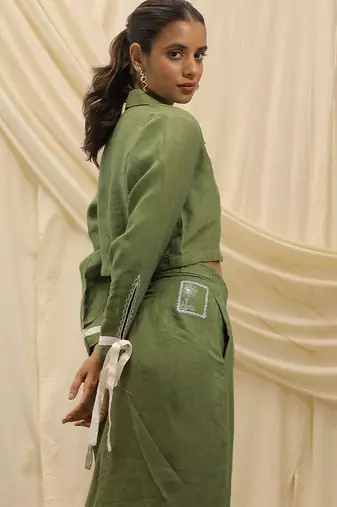 Green linen cropped jacket top