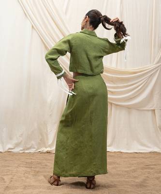 Green linen cropped jacket top 4