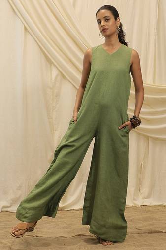 Olive green linen jumpsuit