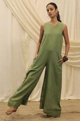 Olive green linen jumpsuit