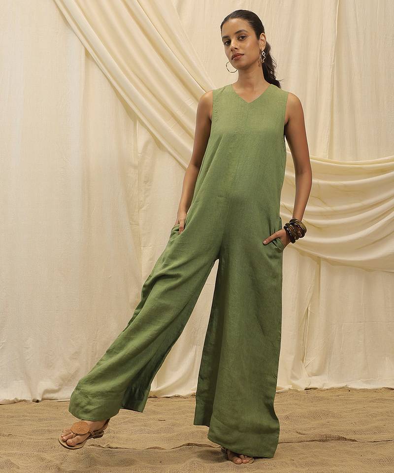 Olive green linen jumpsuit