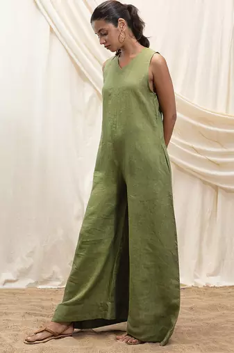 Olive green linen jumpsuit