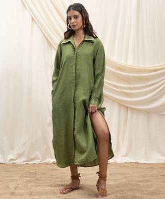 Olive green linen midi dress 1